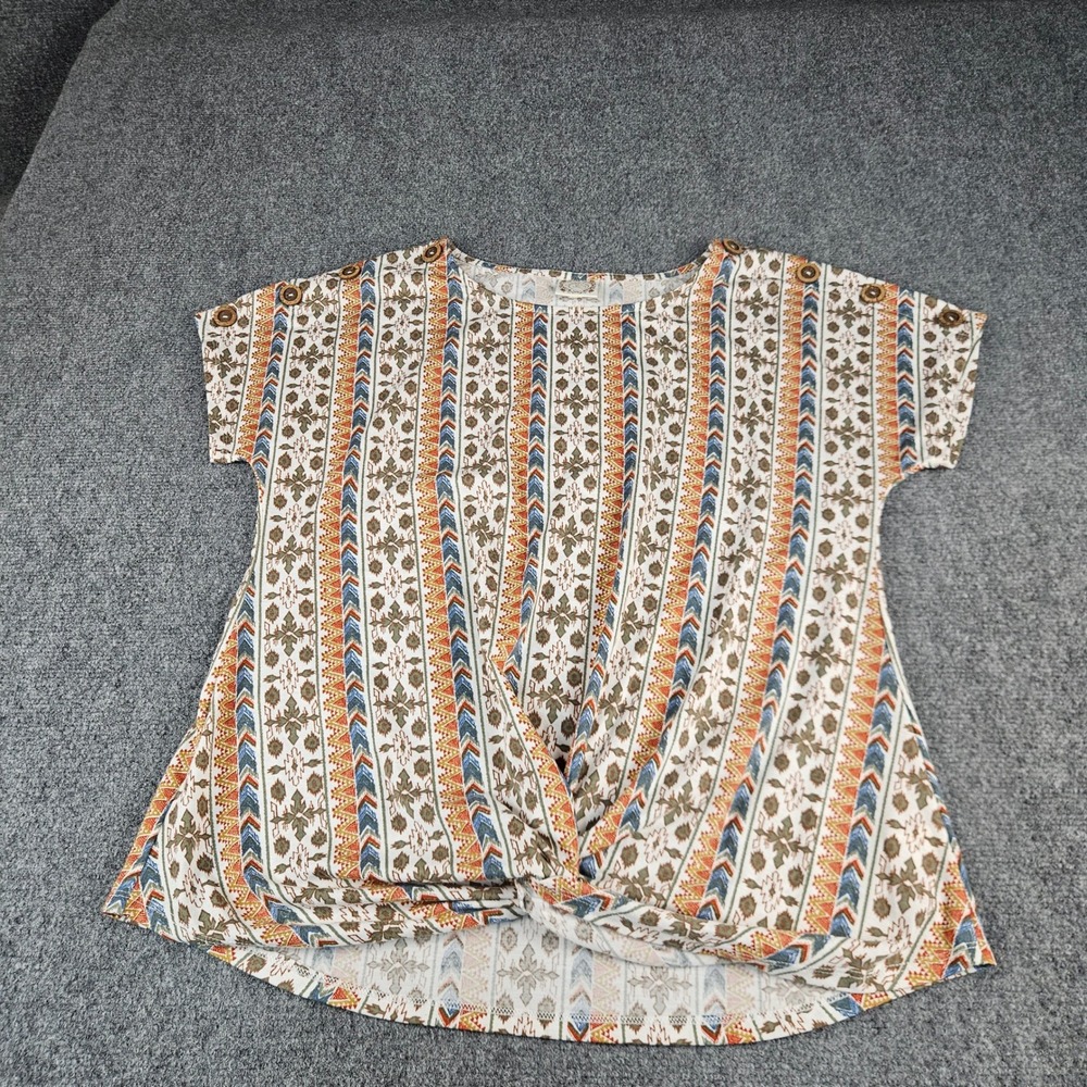 Tru‎ Self Womens Boho Geometric Twist Front Button Shoulder Short Sleeve Top XL